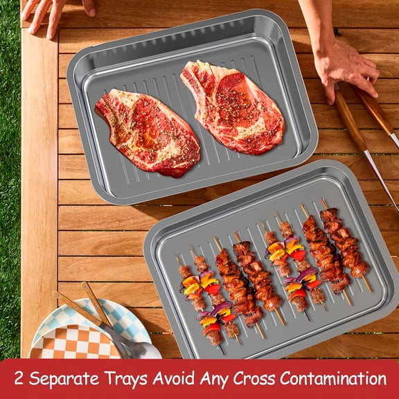 Grilling Prep and Serve Tays, Stainless Steel Large Capacity Food Prep Tray, Grill Carry System, Marinade Container with Lid and Cutting Board,BBQ Grill Accessories, Grilling Gifts for Men