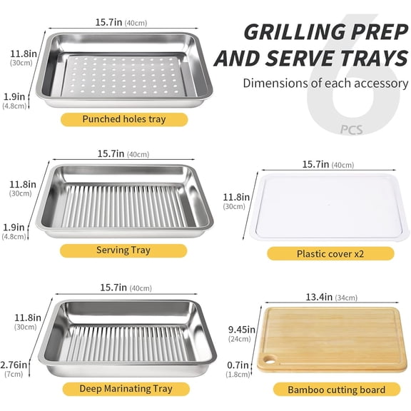 Grilling Prep and Serve Trays, Stainless Steel Large Capacity Food Prep Tray, Grill Carry System, Marinade Container with Lid and Cutting Board, BBQ Grill Accessories, Grilling Gifts for Men