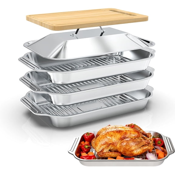 Grilling Prep and Serve Trays, 5 Pcs Stackable Stainless Steel Food Prep Tray Set with Lid for BBQ, Marinating, and Serving