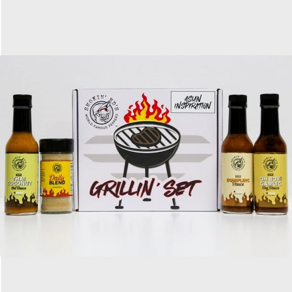 Smokin' Ed's Grilling Set - Asian Inspiration - Dumpling Sauce Mild, Oh Boy Garlic Sauce Mild, Thai Coconut Sauce Mild, Daily Blend Seasoning