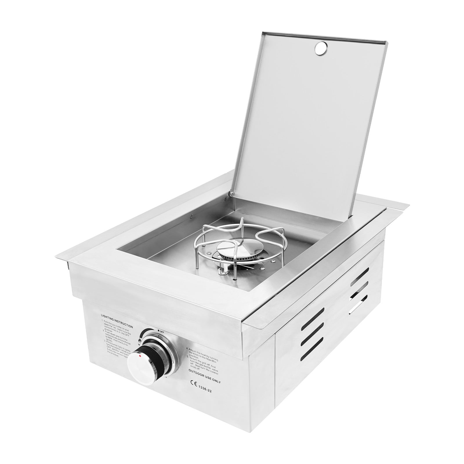 Grilling Side Burners, Propane Gas Stove, 304 Stainless Steel Single Burner Gas Stove with Cover, 3.5KW Output for LPG, Built-in or Countertop Installation, for Outdoor Kitchen, BBQ