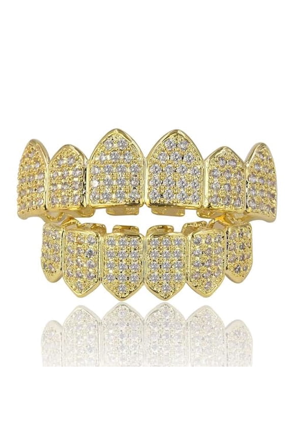 Grillz Diamond Grills for Your Teeth for Men Women 18K Gold Plated Iced Out Macro Pave Cubic Zirconia Mouth Grill with Extra Molding Bars Included