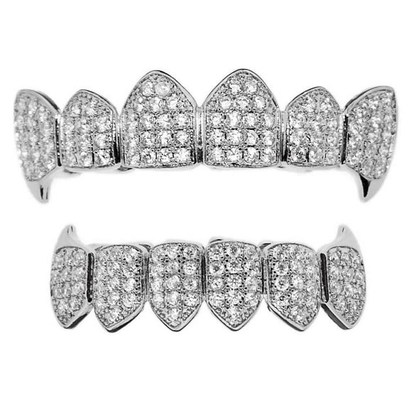 Grillz Set CZ Bling Fangs Upper Top And Bottom Lower Teeth Silver Tone Cubic Zirconia Hip Hop Vampire Fang Grills