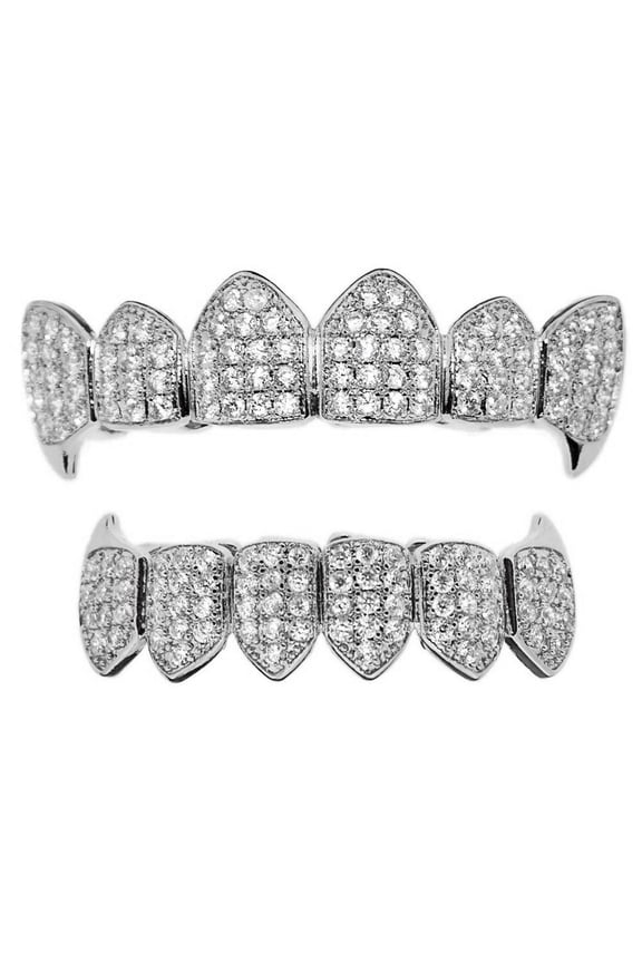 Grillz Set CZ Bling Fangs Upper Top And Bottom Lower Teeth Silver Tone Cubic Zirconia Hip Hop Vampire Fang Grills