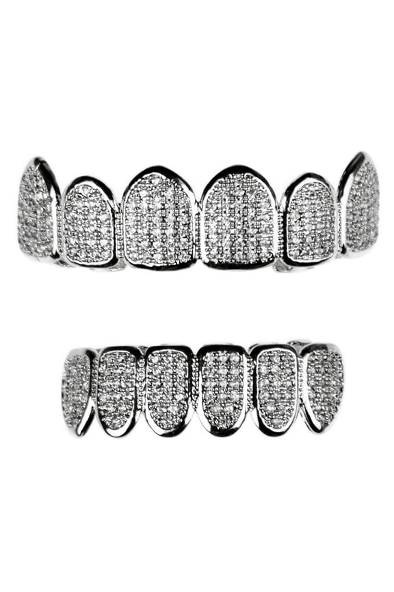 Grillz Set CZ Micro Pave Top & Bottom Silver Tone Micropave Gems Hip Hop Teeth Grills
