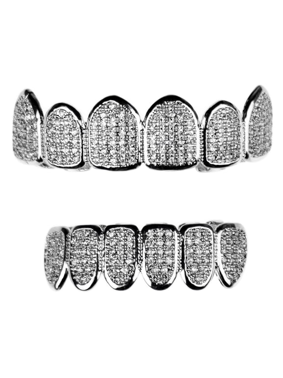 Grillz Set CZ Micro Pave Top & Bottom Silver Tone Micropave Gems Hip Hop Teeth Grills