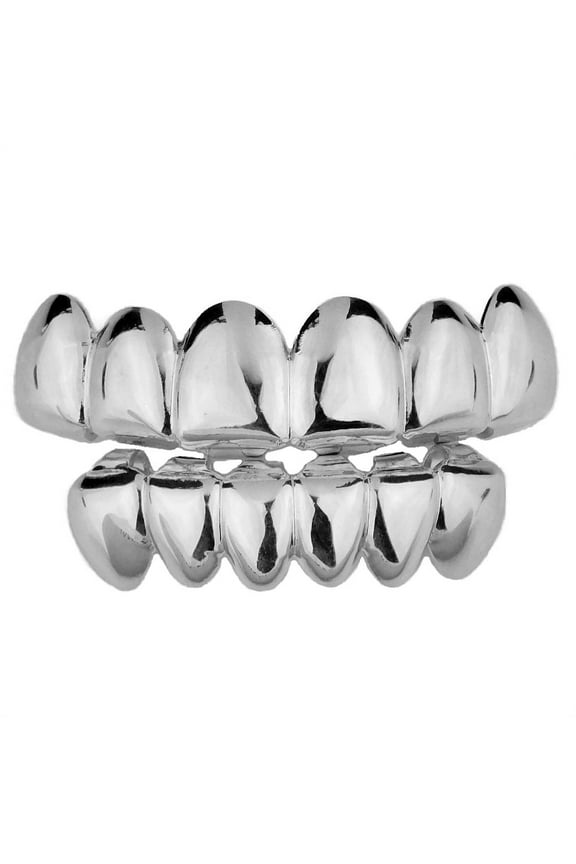 Grillz Set Deeper-Cut Teeth Silver Tone Grill Top 6 & Bottom Six Pre Made Grills