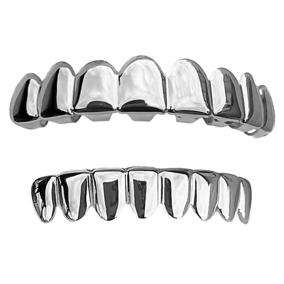 Grillz Set Deeper-Cut Top 8 and Eight Bottom Teeth Silver Tone Pre-Made Grills