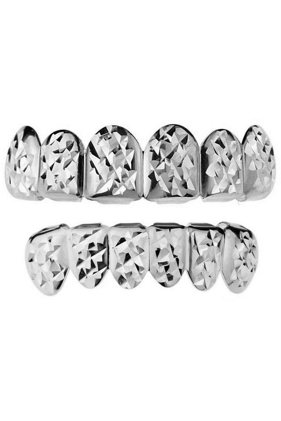 Grillz Set Diamond Cut Top & Bottom Teeth Silver Tone Pre-made Hip Hop Grills
