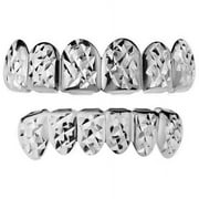 Grillz Set Diamond Cut Top & Bottom Teeth Silver Tone Pre-made Hip Hop Grills