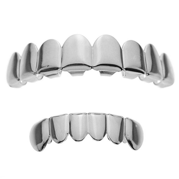 Grillz Set Eight Top 8 Upper Teeth And 6 Bottom Six Lower Plain Teeth Silver Tone Hip Hop Grills