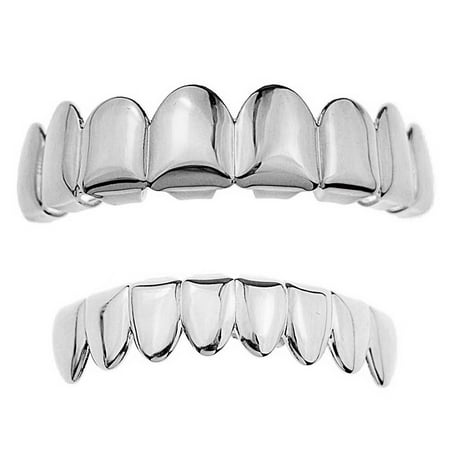 Grillz Set Eight Top Upper Teeth And 8 Bottom Lower Plain Teeth Silver Tone Slugs Hip Hop Grills