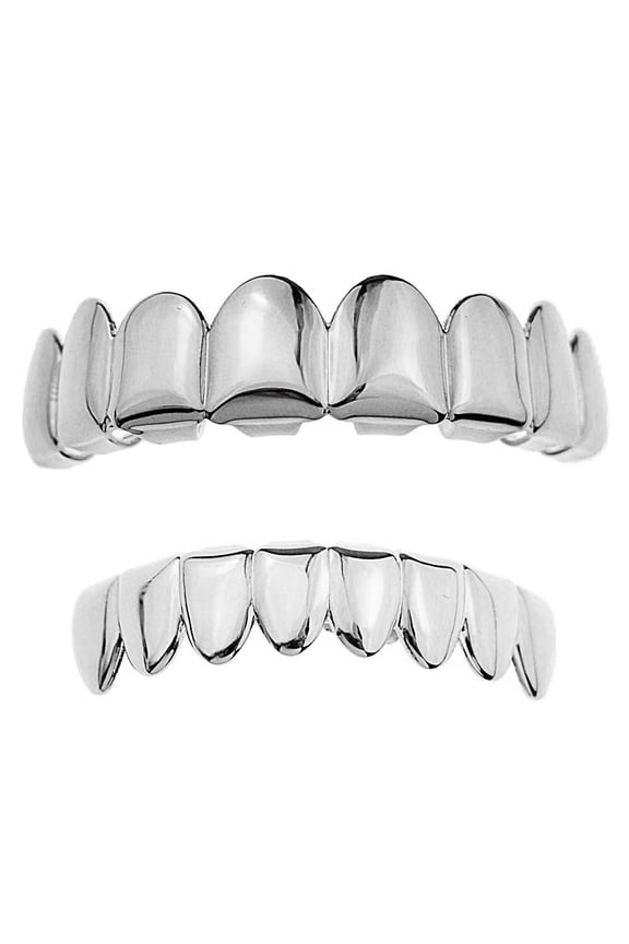 Grillz Set Eight Top Upper Teeth And 8 Bottom Lower Plain Teeth Silver Tone Slugs Hip Hop Grills