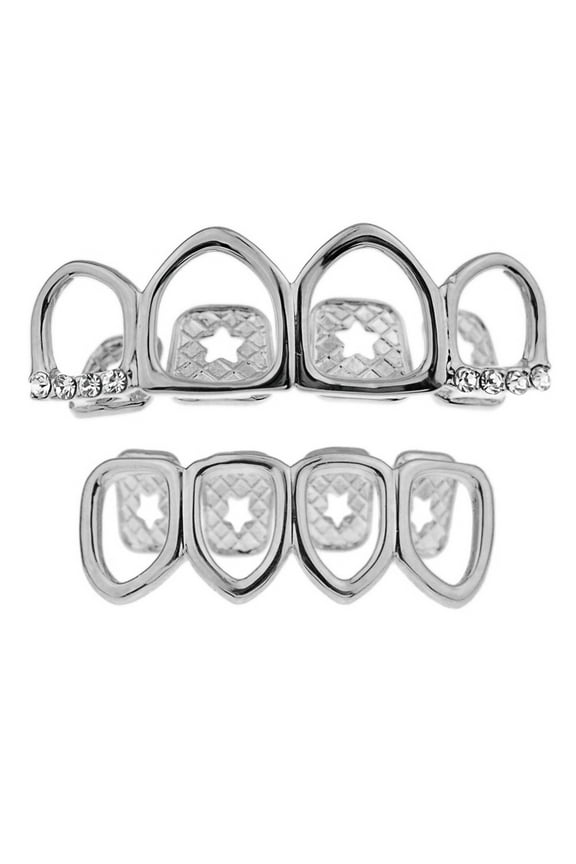 Grillz Set Four Open Face Upper Top And 4 Bottom Lower Teeth Silver Tone Hollow Hip Hop Grills