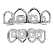 Grillz Set Four Open Face Upper Top And 4 Bottom Lower Teeth Silver Tone Hollow Hip Hop Grills