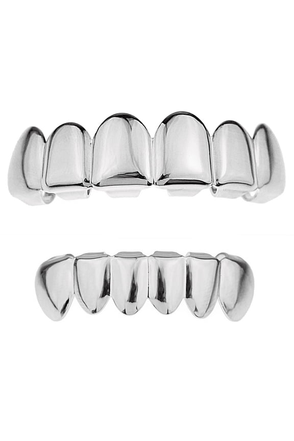 Grillz Set Silver Tone Upper Top And Bottom Lower Plain Teeth Hip Hop Grills