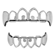 Grillz Set Six 4 Open Face Fangs Upper Top And Bottom Lower Fang Teeth Silver Tone Hip Hop Vampire Grills