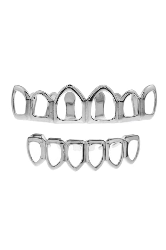 Grillz Set Upper 6 Upper Top And Bottom Lower Teeth Six Open Face Silver Tone Hollow Hip Hop Grills