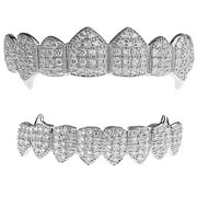 Grillz Set Vampire Fangs Silver Tone 8 Top Eight Bottom Fang Teeth CZ Bling Grills