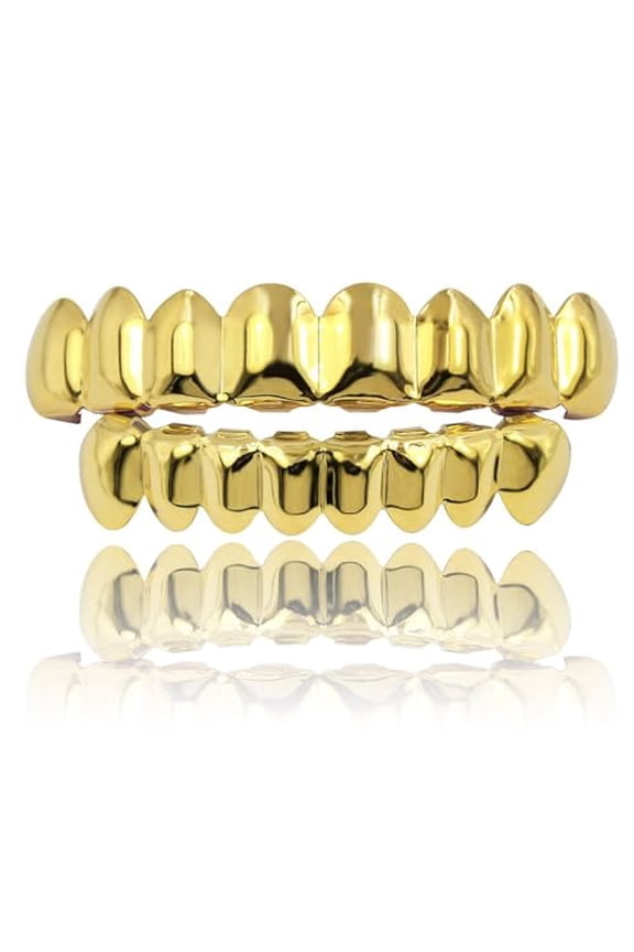Grillz Teeth Men - Grills for Your Teeth 8 Top & Bottom Set,18K Gold-Plated Brass Dental Grills with Molding Bars,Unisex Hip-Hop Rapper Costume Accessory