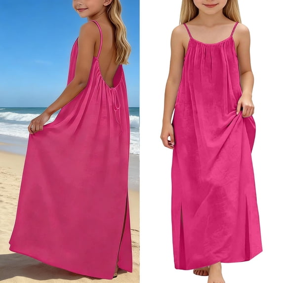 Grils Backless Cami Dress Spaghetti Strap Lounge Dress Pink Cute Flowy Dresses Maxi Sundress Casual Summer Dresses for Girls