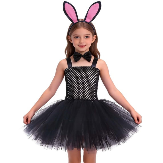 Grils Easter Dress,Easter Bunny Girl Dress for Girls 2-12 Years,Tutu Party Dress with Tulle Skirt and Headband,Performance Outfit for Holiday Celebration(Black,4-5 Years)