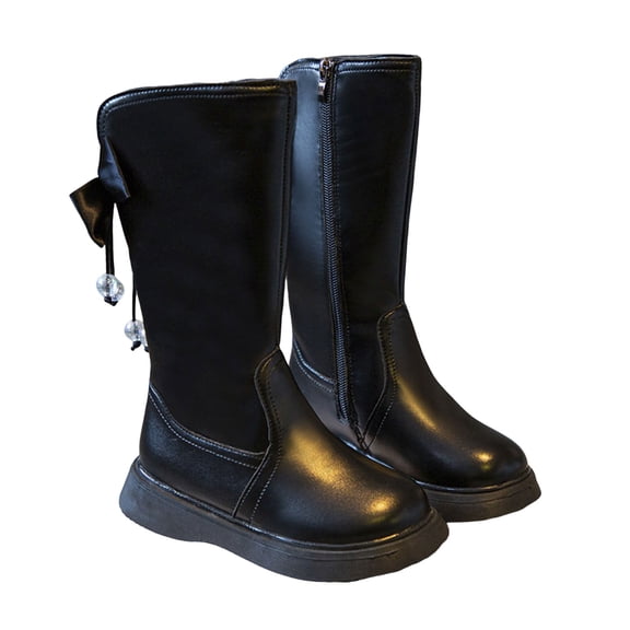 Grils Mid Calf Boots Casual Leather Round Toe Bowknot Beaded Side Zipper Comfy Nonslip Flat Booties Winter Fall Riding Boots Black 8 Toddler