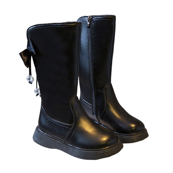 Grils Mid Calf Boots Casual Leather Round Toe Bowknot Beaded Side Zipper Comfy Nonslip Flat Booties Winter Fall Riding Boots Black 8 Toddler