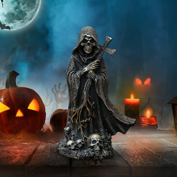 Grim Horror Statue Holding Santa Muerte - Gothic Decor Figurine for Halloween Decorations Indoor, Resin Material Home and Office Display