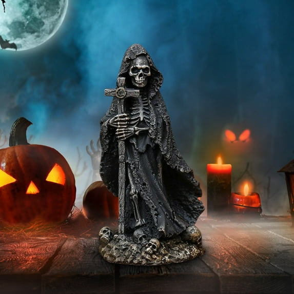 Grim Horror Statue Holding Santa Muerte - Gothic Decor Figurine for Halloween Decorations Indoor, Resin Material Home and Office Display