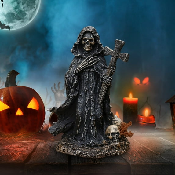 Grim Horror Statue Holding Santa Muerte - Gothic Decor Figurine for Halloween Decorations Indoor, Resin Material Home and Office Display
