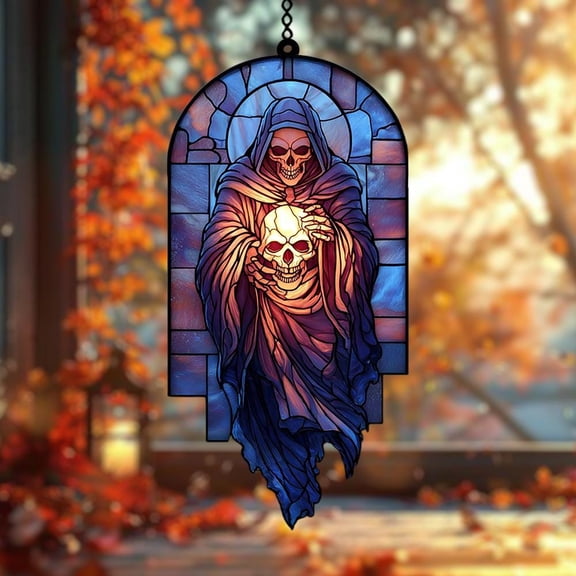 Grim Reaper ACRYLIC Suncatcher Holding Glowing Skull Faux Glass Halloween Window Decor for Haunted Gothic Homes and Spooky Horror Displays