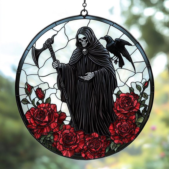 Grim Reaper Acrylic Suncatcher - Gothic Faux Stained Glass Window Hanging With Roses
