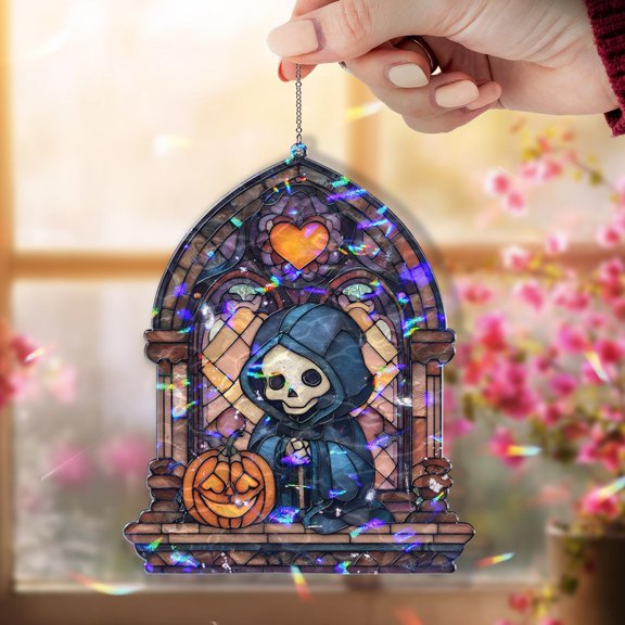 Grim Reaper Acrylic Suncatcher, Stained Glass Style Skeleton with Pumpkin Window Hanging, Gothic Halloween Spooky Home Decor Gift