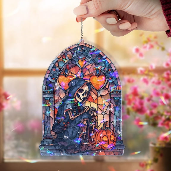 Grim Reaper Acrylic Suncatcher, Stained Glass Style Skeleton with Pumpkin Window Hanging, Gothic Spooky Halloween Home Decor Gift