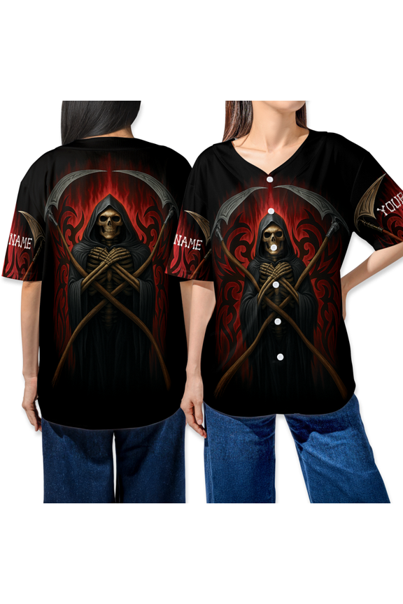 Grim Reaper Baseball Jersey – Gothic Death Scythe Shirt – Custom Name Dark Fantasy Tee – Unisex Halloween Reaper Shirt – Skull Flame Horror Top