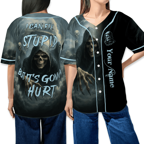 Grim Reaper Baseball Jersey – I Can Fix Stupid But It's Gonna Hurt Funny Dark Shirt, Custom Name Halloween Costume Top