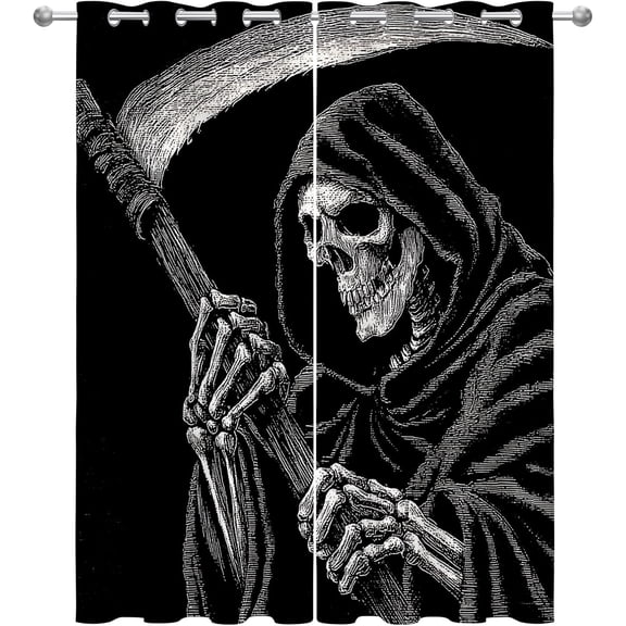 Grim Reaper Blackout Curtains, Gothic Skeleton Dark Art Window Curtains for Bedroom Living Room Kitchen, Thermal Insulated Grommet Drapes 26"W x 45"L (2 Pack)
