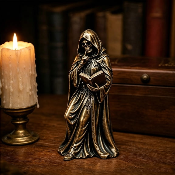 Grim Reaper Bookshelf Statue, Reading Death Skeleton Demon Hooded Figurine Set, Resin Standing Reaper Reading Book Sculpture, Dark-Style Fantasy Figurine PC Towers and Bookshelves