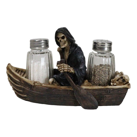 Grim Reaper Charon Skeleton Rowing Boat In River Styx Salt Pepper Shakers Holder