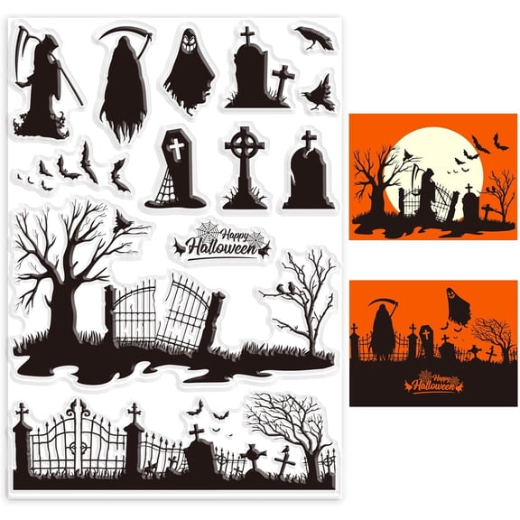 Grim Reaper Clear Stamps for Scrapbooking Tombstone Withered Tree Transparent Stamps Silicone Clear Stamp Seals for DIY Envelope Decorative Cards Making White DIY