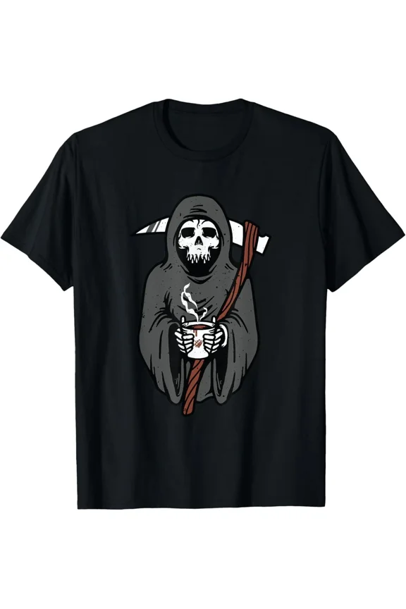 Grim Reaper Coffee Lover Skeleton Scythe Dark Humor Caffeine Unisex T-Shirt, S-5XL