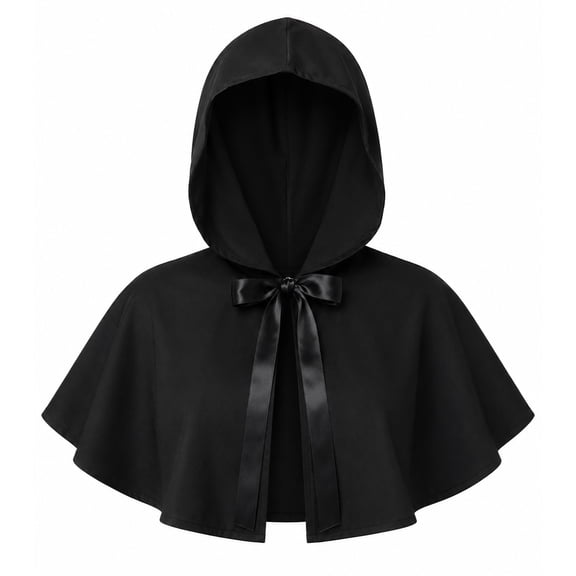 Kabuer Black Hooded Short Capelet For Adults, Halloween Grim Reaper Cloak With Ribbon Tie, Medieval Costume Cowl For Cosplay