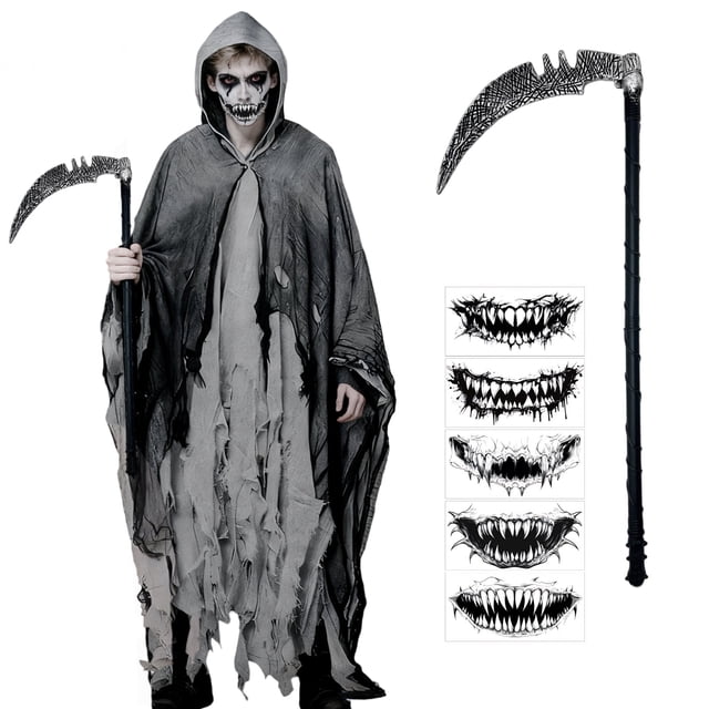 Forfamy Grim Reaper Costume , Halloween Cloak Black Hooded Cape with ...