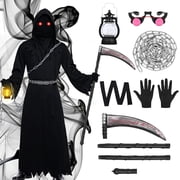 Grim Reaper Costume Adults, Scary Scythe Grim Reaper Halloween Cloak Outfit Fancy Dress Women Men with Sythe Chain Grim Halloween Cape Robe