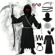 Forfamy Grim Reaper Costume for Kids , Scary Halloween Costume with Red Eyes Scythe Chain Grim Halloween Cape Robe,Halloween Cloak Outfit Fancy Dress Boys Girls