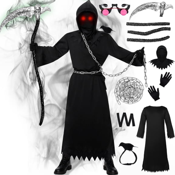 Grim Reaper Costume Adults, Scary Scythe Grim Reaper Halloween Cloak Outfit Fancy Dress Women Men with Sythe Chain Grim Halloween Cape Robe