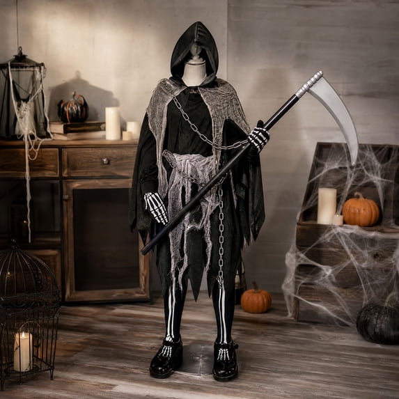 Grim Reaper Costume Scary Halloween Costumes Hooded Halloween Party Cosplay Outfit with Hooded Cloak, Scythe Prop, Skeleton Gloves for Themed Party Dress‑up (S)