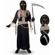 Grim Reaper Costume for Kids,Phantom Halloween Costume with Red Glowing Eyes, Gloves Scythe for 8-10 Years