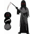 thumbnail image 1 of Kids Grim Reaper Costume with Glowing Red Eyes, Halloween Phantom Outfit Includes Scythe & Gloves for 8-10 Years, 1 of 6